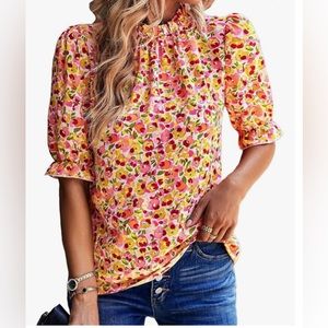 Amonida Floral Print Blouse Short Puff Sleeve Size M